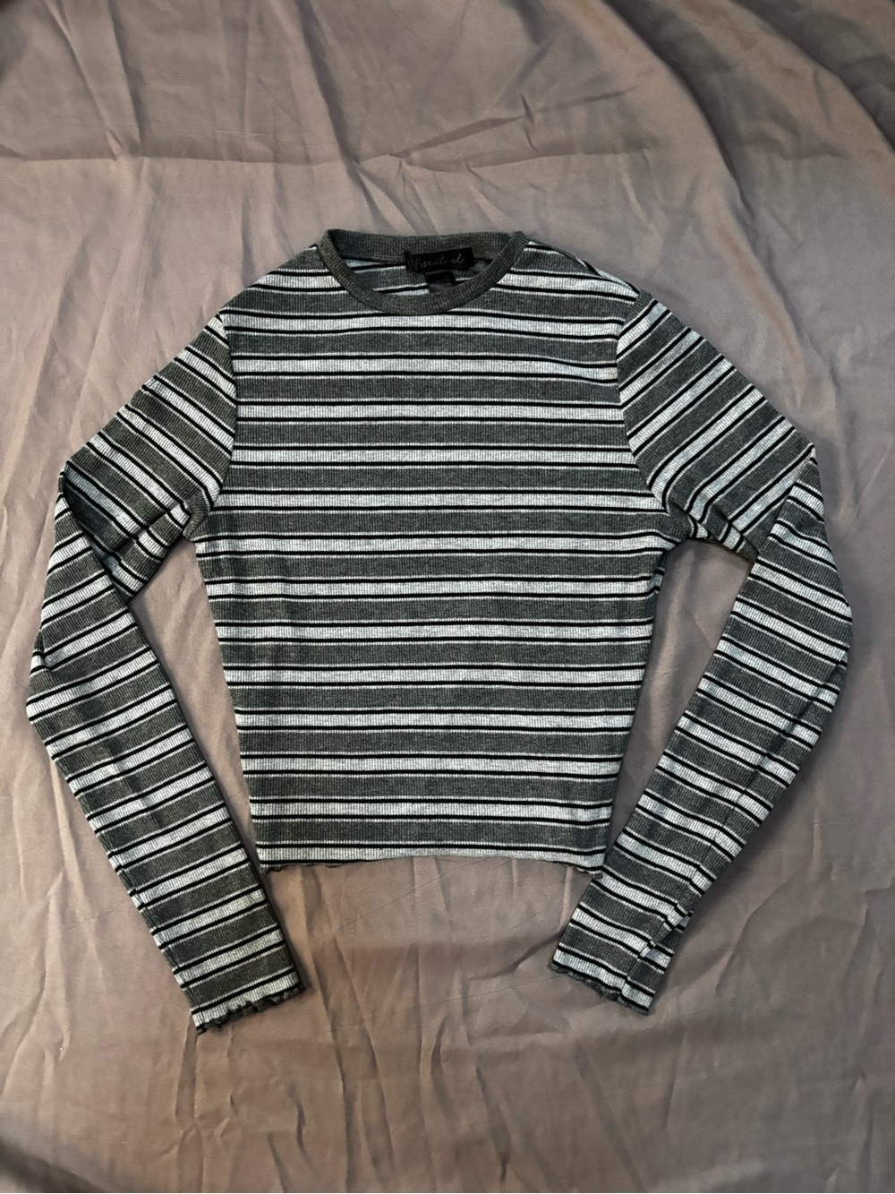Essentials Striped Long-Sleeve Crewneck in Gray and Black